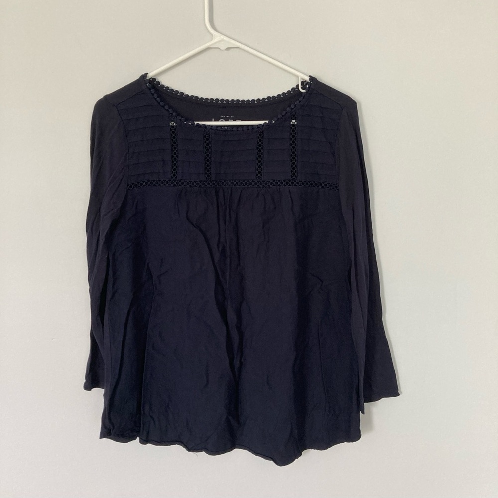 Loft Black 3/4 Length Lace Yoke Top | Medium